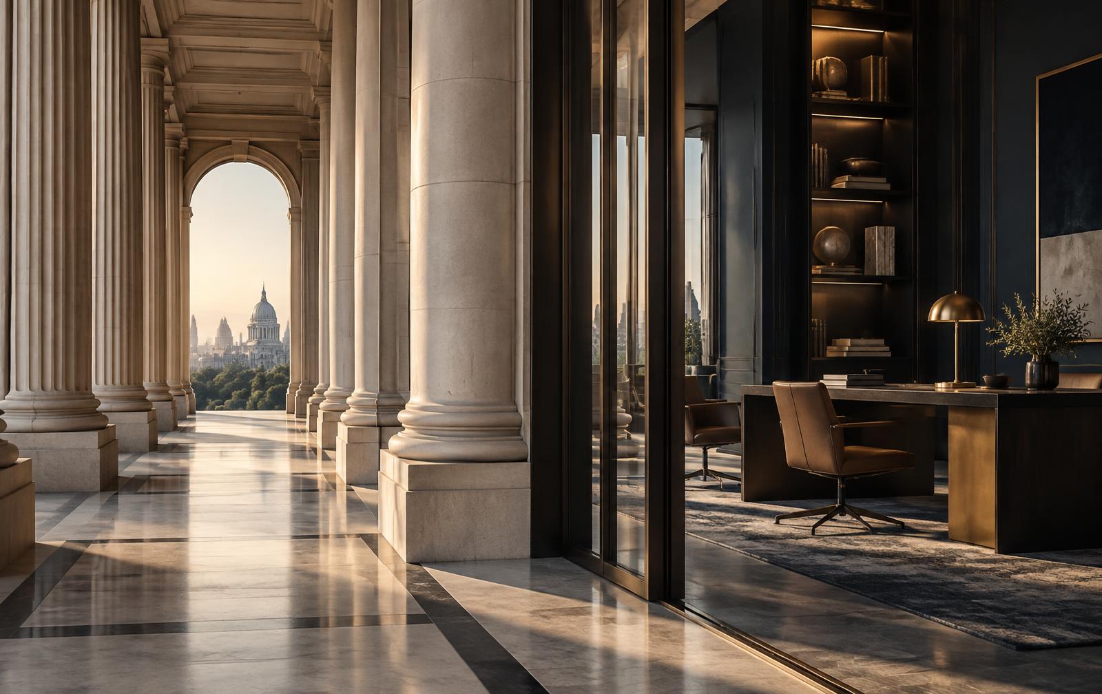 Classical colonnade opening into a modern executive office