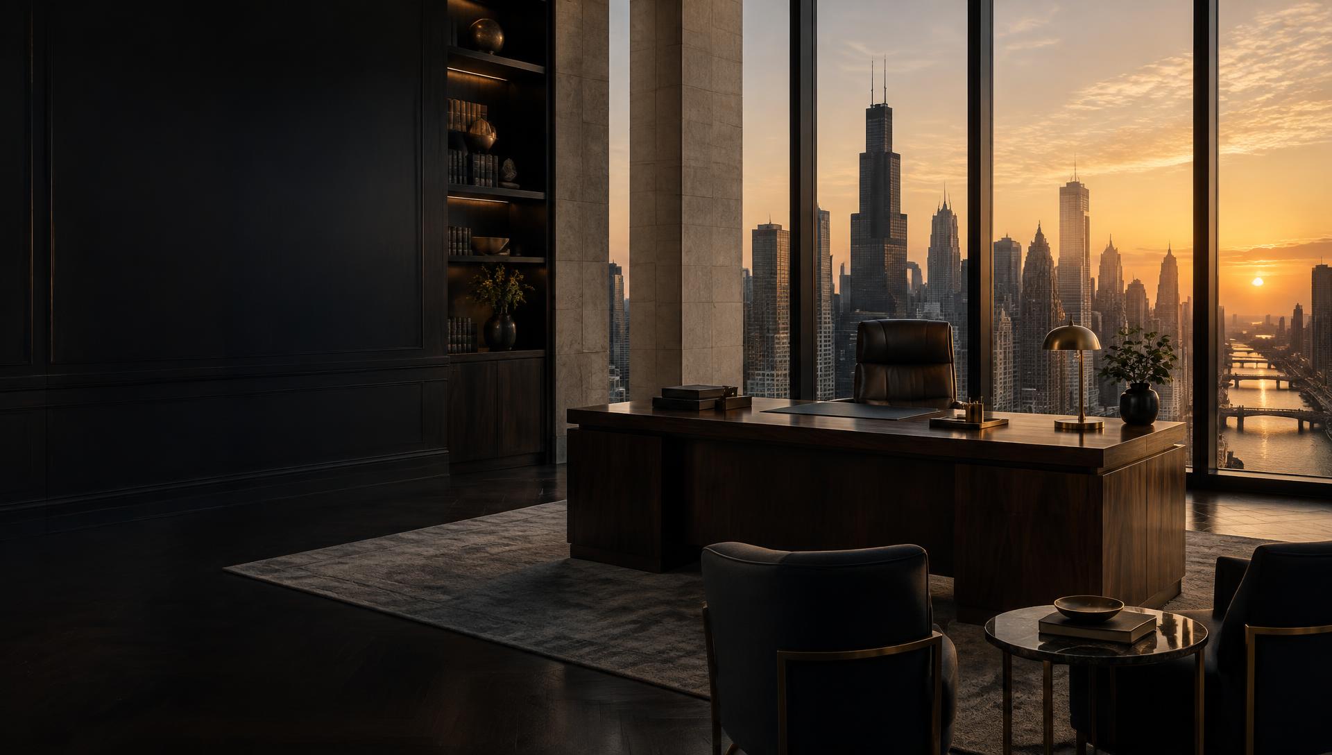 Refined executive office overlooking the Chicago skyline